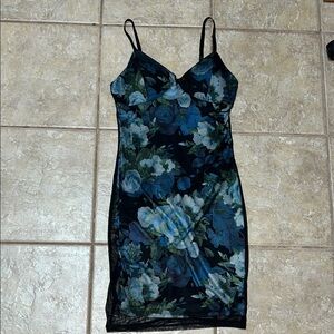 G by Guess black mesh sleeveless dress with blue and green floral lining